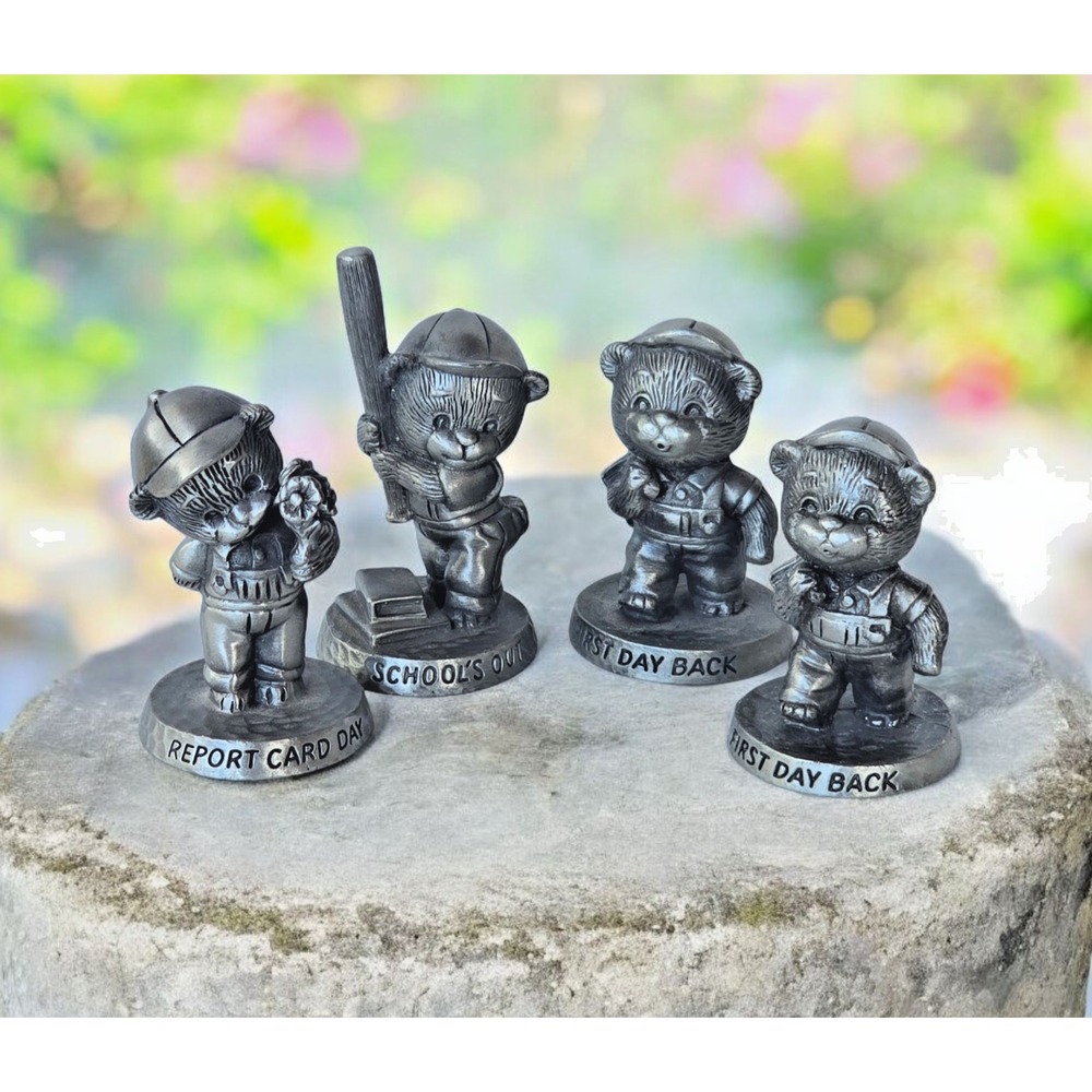 Vintage 1983 Set of 4 Fine Pewter Avon School Themed Teddy Bear Figurines